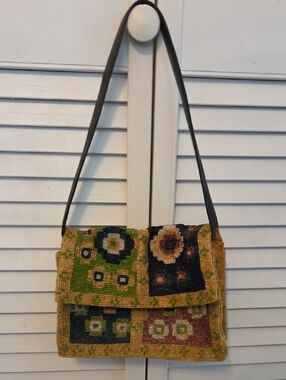 Vintage MARION GODART  Beaded Floral Patchwork Shoulder Bag in Green and Black